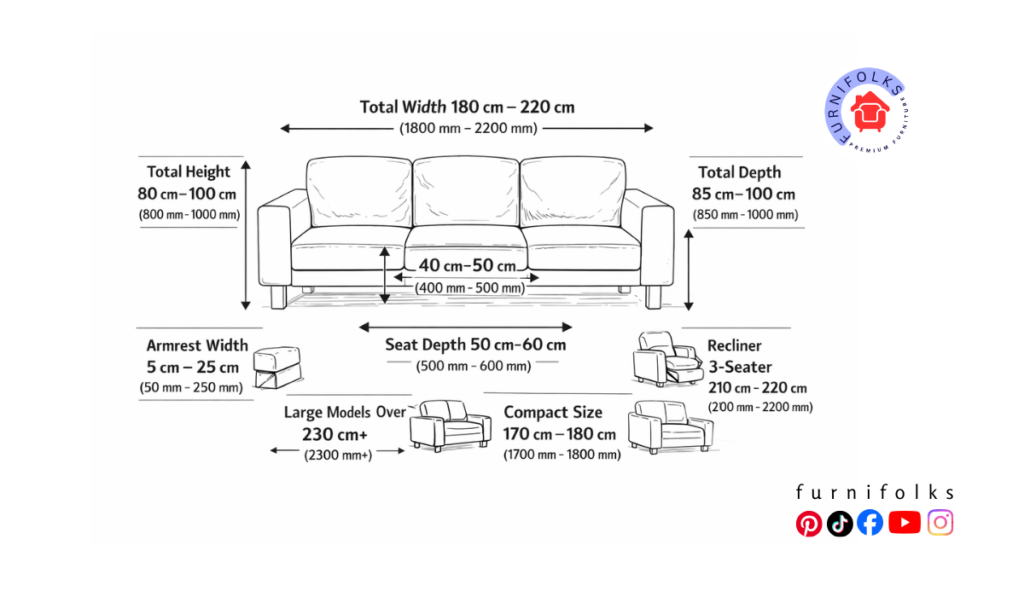 3-Seater Sofa Dimensions in mm and cm (Technical Breakdown)