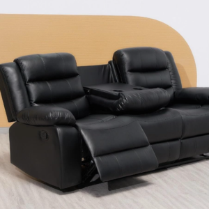 Madrid Leather Recliner Sofa Set with Cupholders – 3+2 Seater Manual Recliner Sofas for Living Room (Black, 3 Seater)