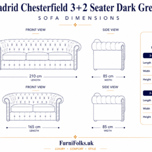 Madrid Chesterfield 3+2 Seater Naples & Kinsington Dark Grey Sofa dimensions