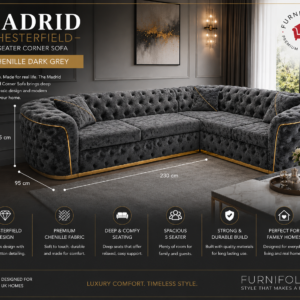 Madrid Chesterfield 5 Seater Corner Chenille Dark Grey Sofa 2
