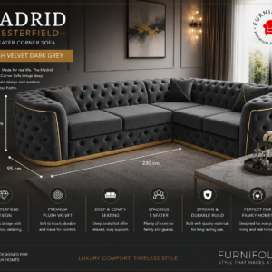 Madrid Chesterfield 5 Seater Corner Plush Velvet Dark Grey Sofa 2