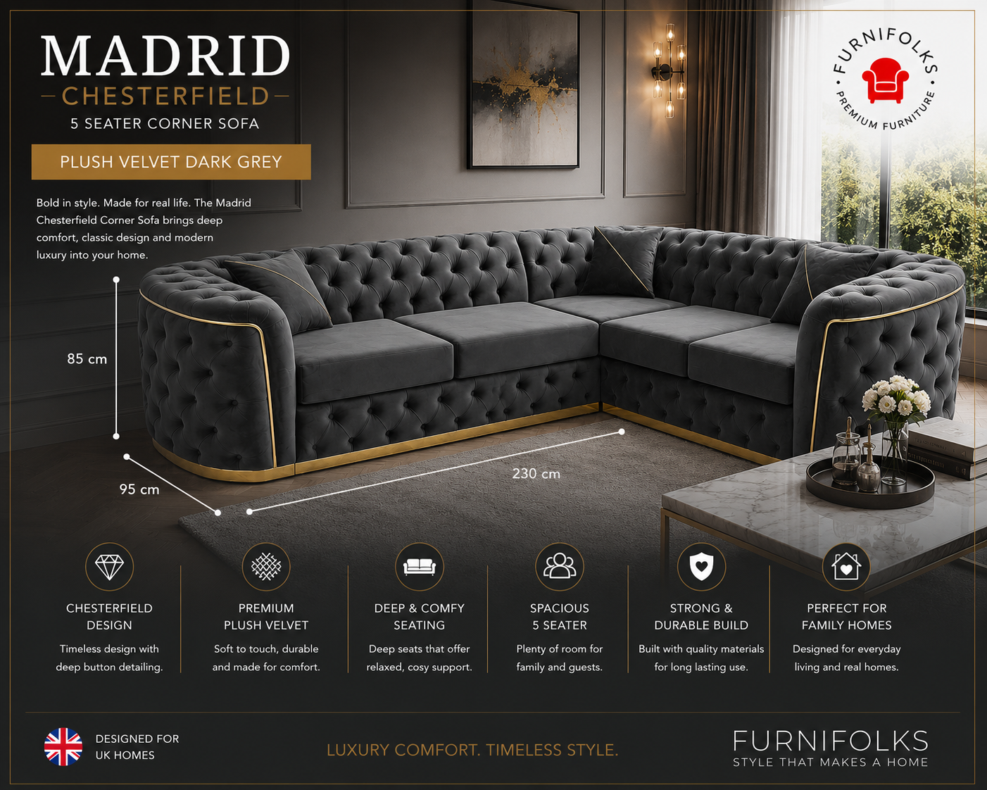 Madrid Chesterfield 5 Seater Corner Plush Velvet Dark Grey Sofa 2 Madrid Chesterfield 5 Seater Corner Plush Velvet Dark Grey Sofa 2