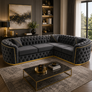 Madrid Chesterfield 5 Seater Corner Plush Velvet Dark Grey Sofa 5