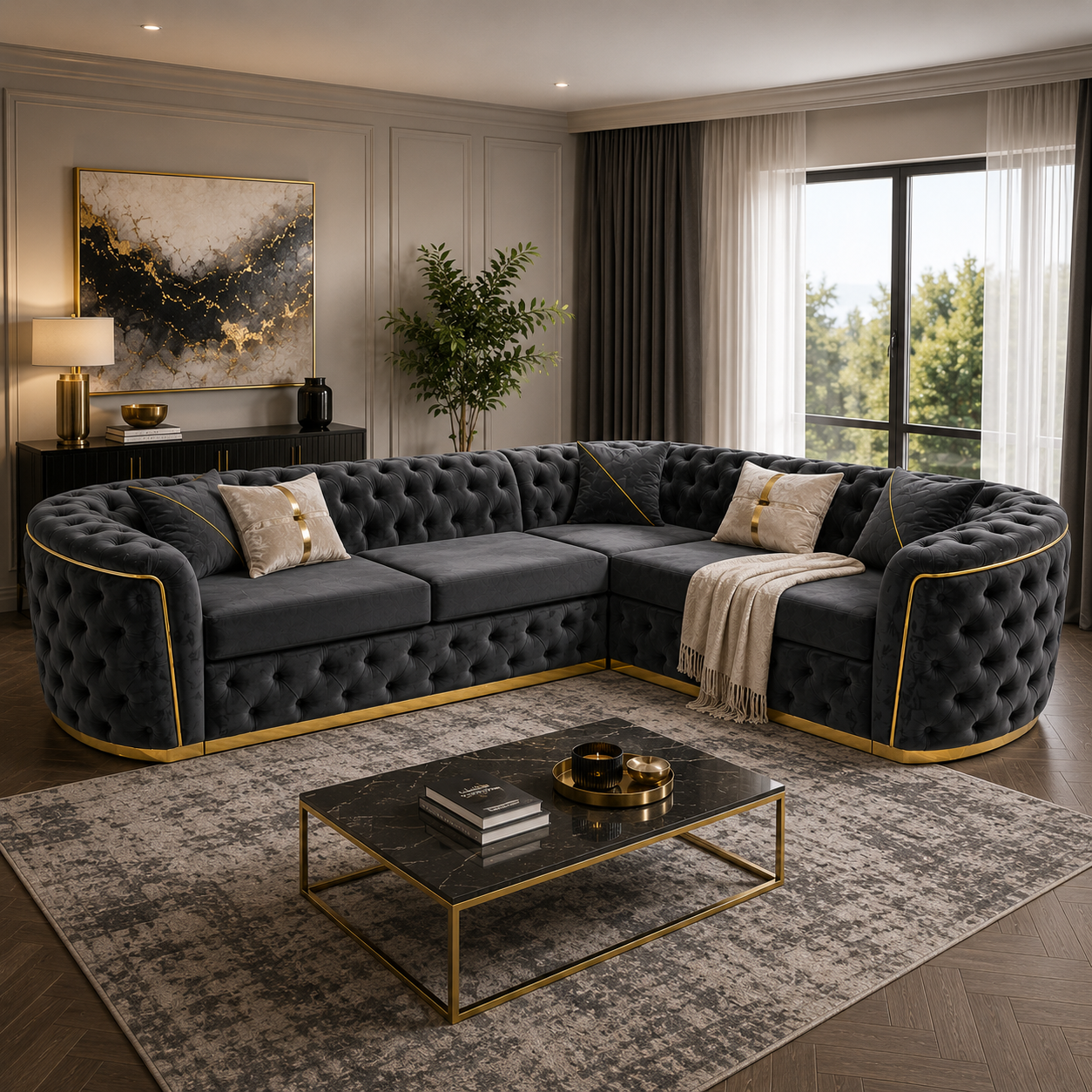 Madrid Chesterfield 5 Seater Corner Plush Velvet Dark Grey Sofa 6 Madrid Chesterfield 5 Seater Corner Plush Velvet Dark Grey Sofa 6