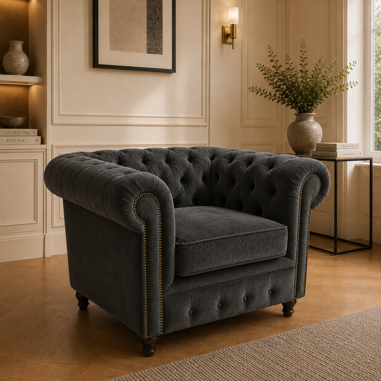 Olympia Chesterfield 1 Seater Plush Velvet Dark Grey Sofa 4
