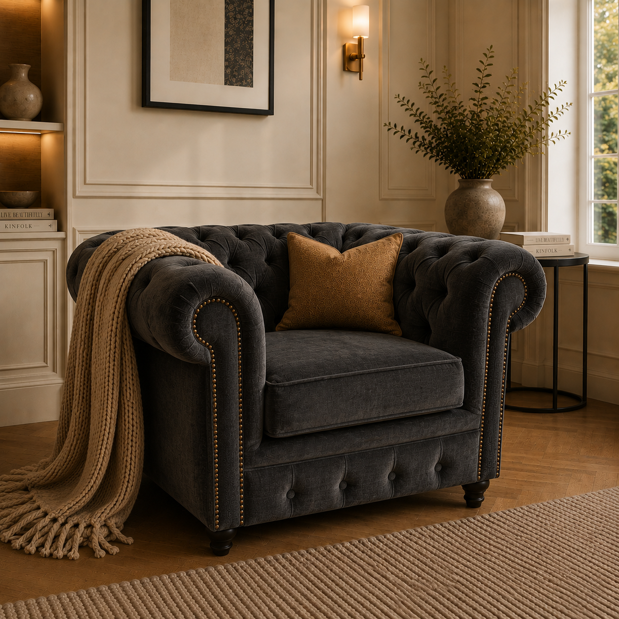 Olympia Chesterfield 1 Seater Plush Velvet Dark Grey Sofa 5