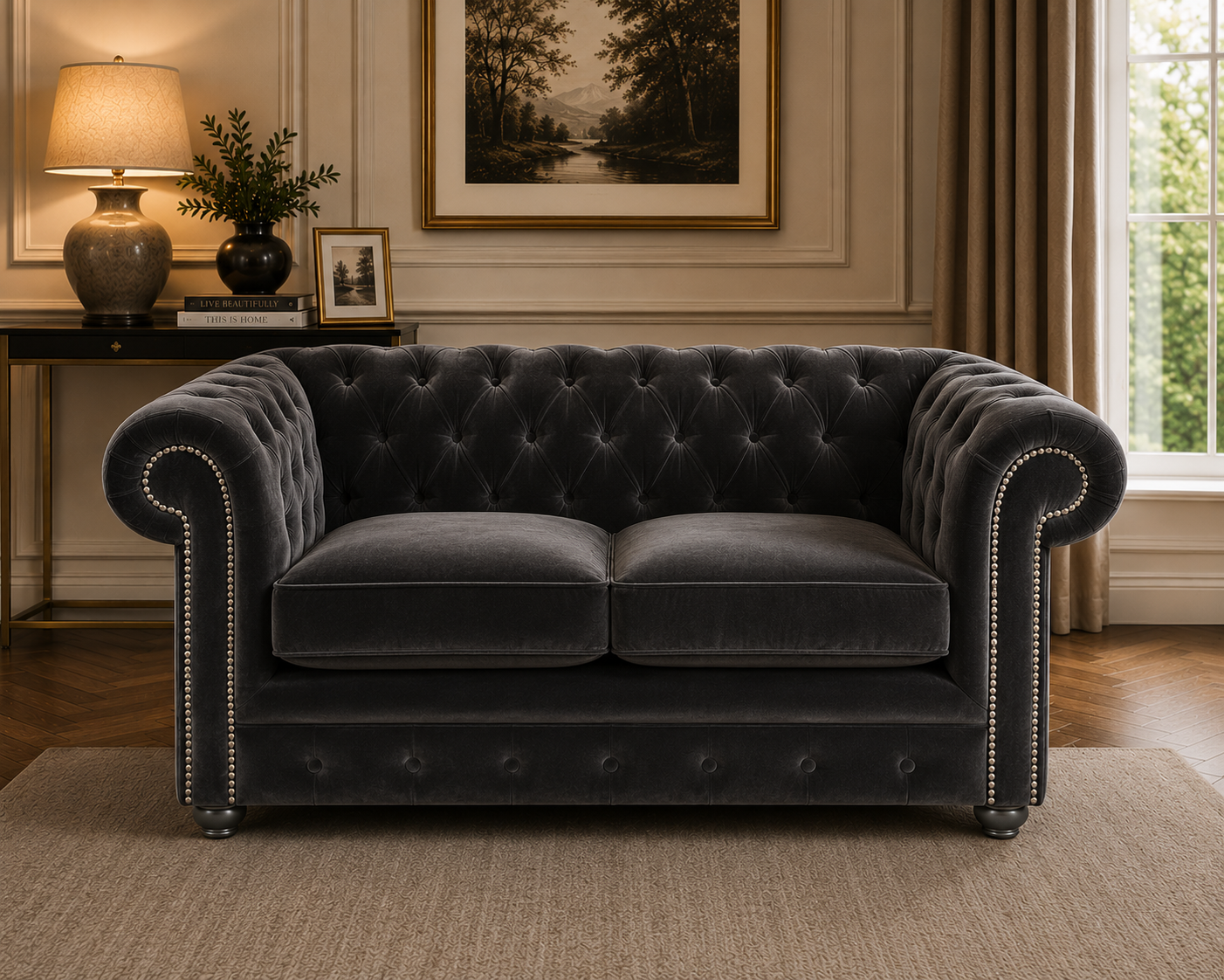 Olympia Chesterfield 2 Seater Plush Velvet Dark Grey Sofa 4 Olympia Chesterfield 2 Seater Plush Velvet Dark Grey Sofa 4