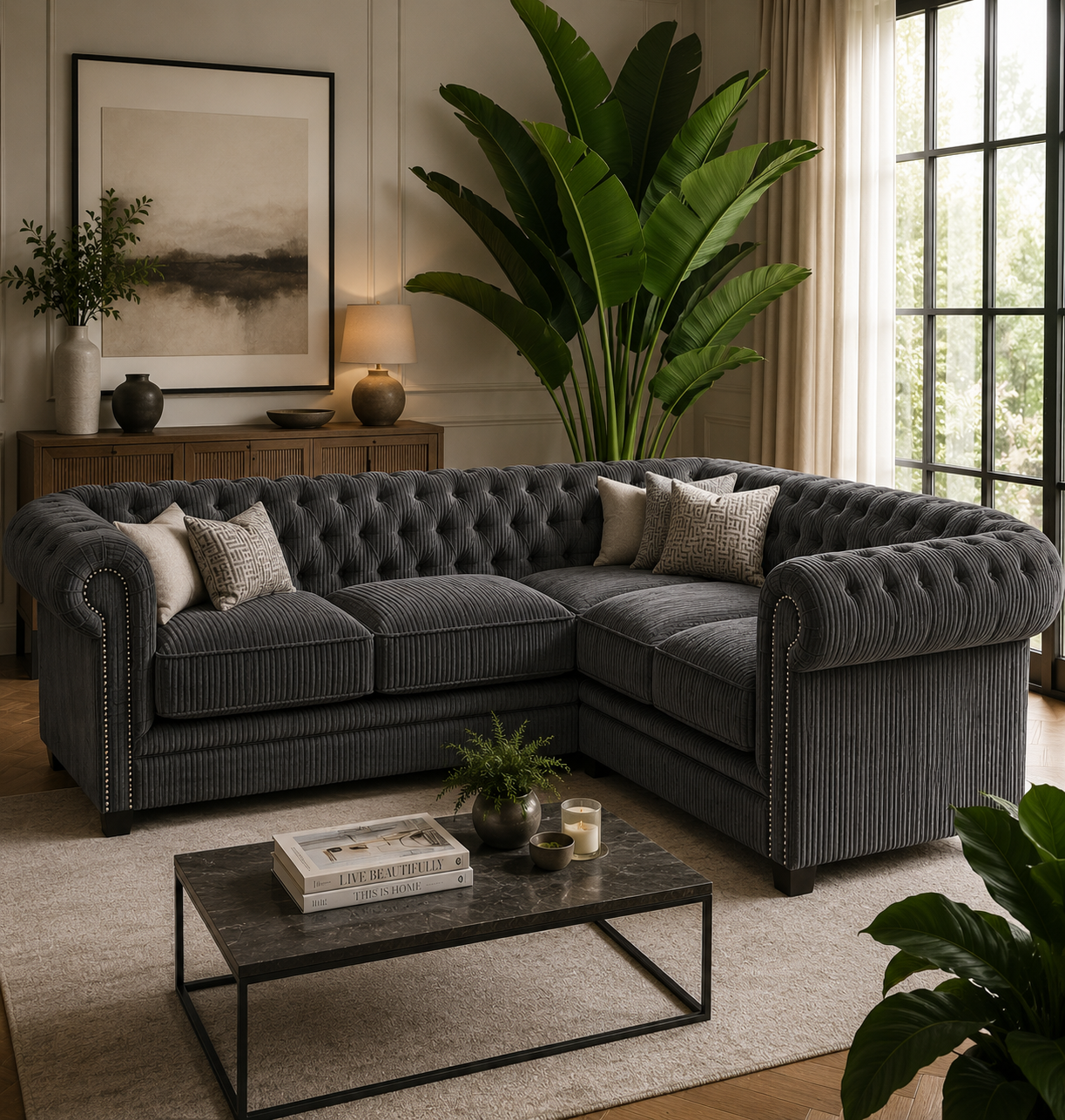 Olympia Chesterfield 5 Seater Corner Jumbo Cord Dark Grey Sofa 4