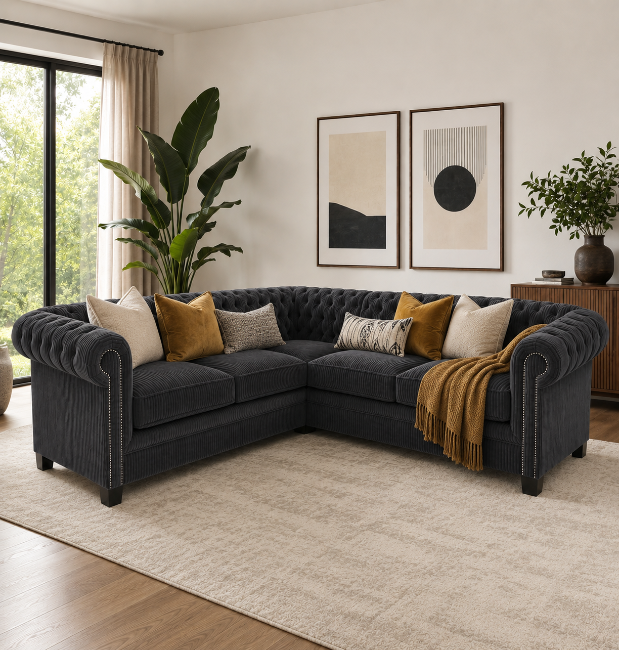 Olympia Chesterfield 5 Seater Corner Jumbo Cord Dark Grey Sofa 5