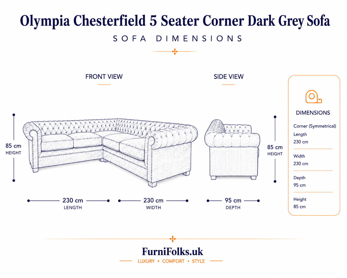 Olympia Chesterfield 5 Seater Corner Jumbo Cord Dark Grey Sofa - Image 6