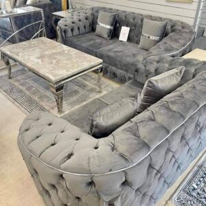 Madrid Chesterfield 3+2 Seater Plush Velvet Dark Grey Sofa Set
