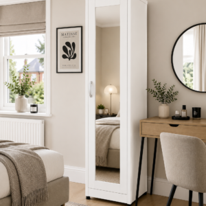 1 Door Wardrobe Single White with mirror lifestyle