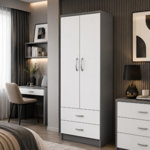 2 Door Wardrobe Single with Bottom Drawers White + Gray