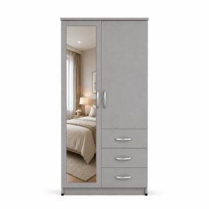 2 Door Wardrobe Single with Side Drawers Gray front