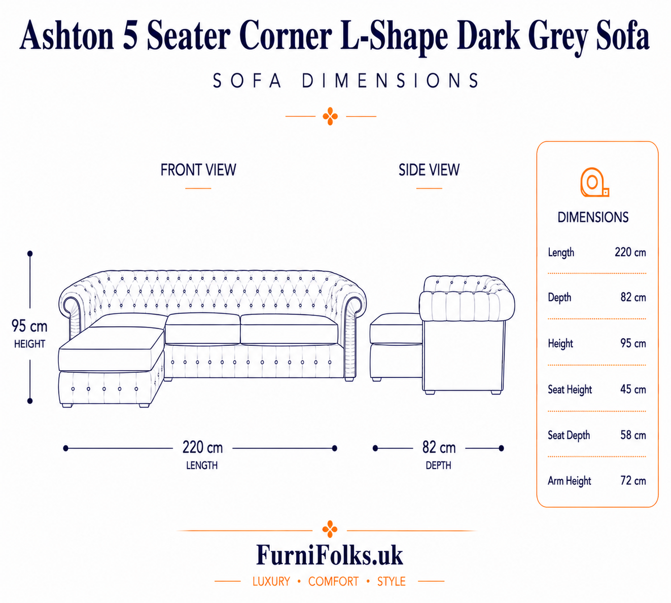 Ashton 5 Seater Corner L-Shape Chenille Dark Grey Sofa 6