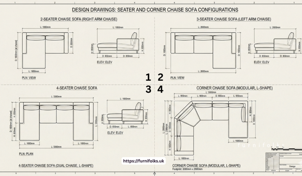Diamension & Measurements | 2 Seater, 3 Seater & 5 Seater Corner British Chaise Sofa Set