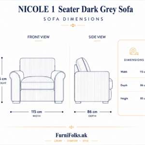 NICOLE 1 Seater Jumbo Cord Dark Grey Sofa dimensions