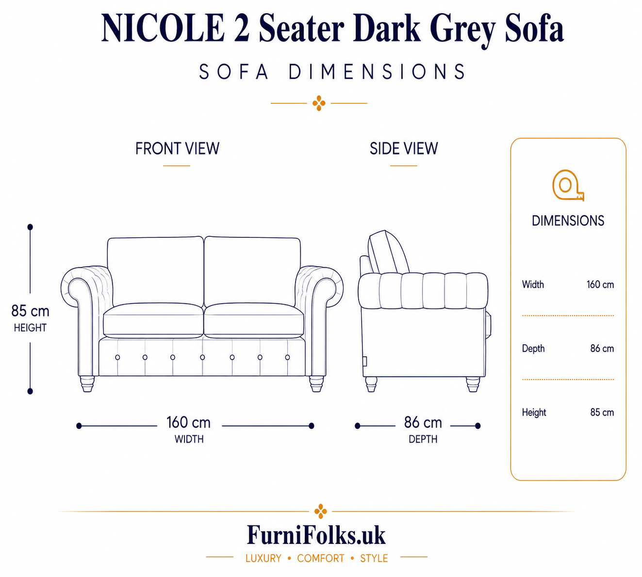 NICOLE 2 Seater Chenille Dark Grey Sofa dimensions NICOLE 2 Seater Chenille Dark Grey Sofa dimensions