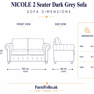 NICOLE 2 Seater Crush Velvet Dark Grey Sofa dimensions