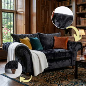 NICOLE 2 Seater Crush Velvet Dark Grey Sofa with Cushions and Throw