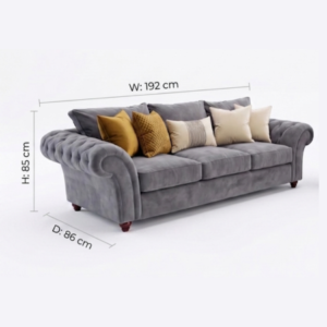 NICOLE 3 Seater Plush Velvet Dark Grey Sofa dimensions