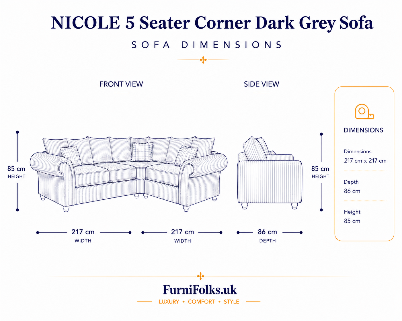 NICOLE 5 Seater Corner Jumbo Cord Dark Grey Sofa dimensions