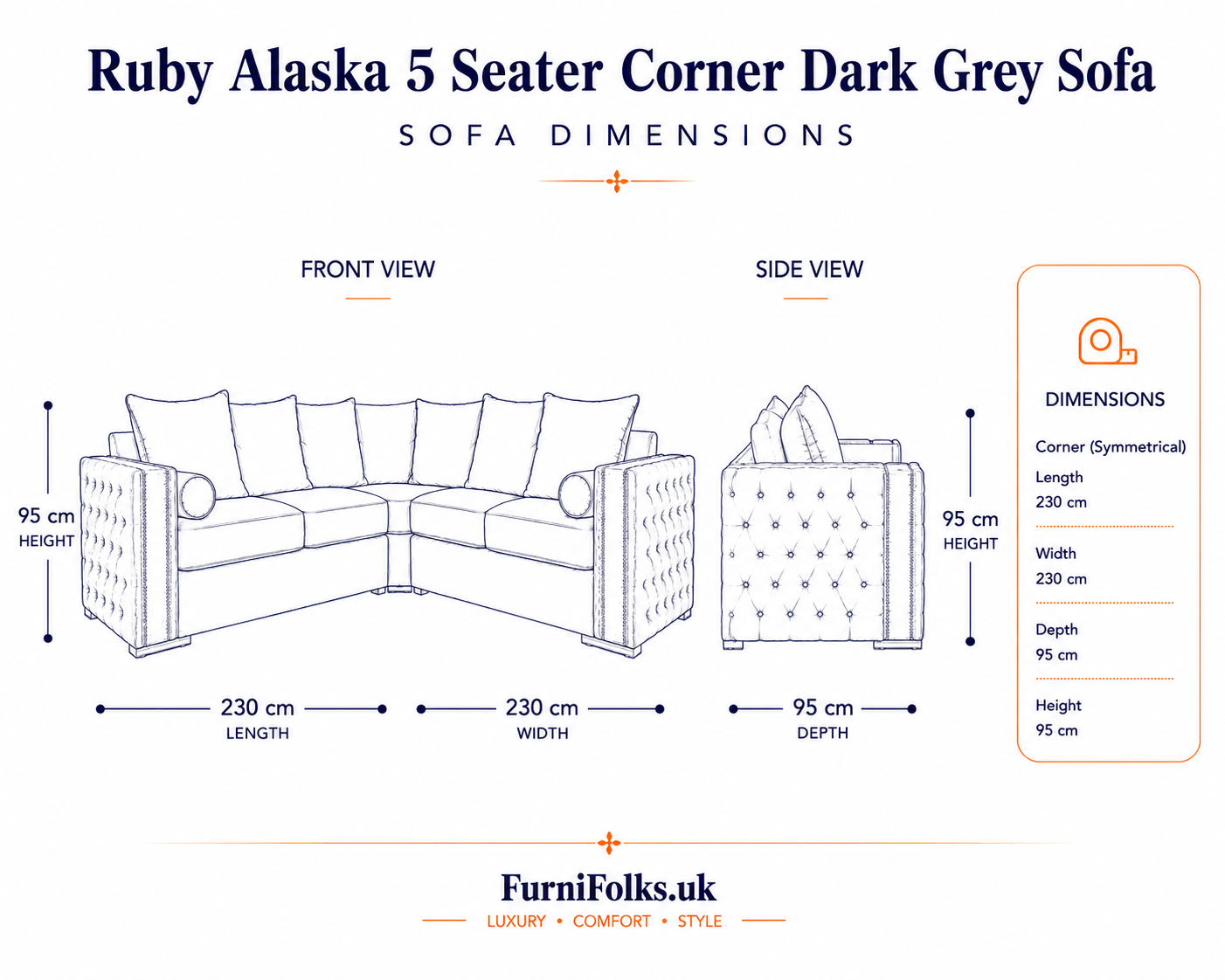 Ruby Alaska 5 Seater Corner Naples & Kensington Dark Grey Sofa - Image 6