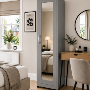 1 Door Wardrobe Single Gray front with mirror lifestyle