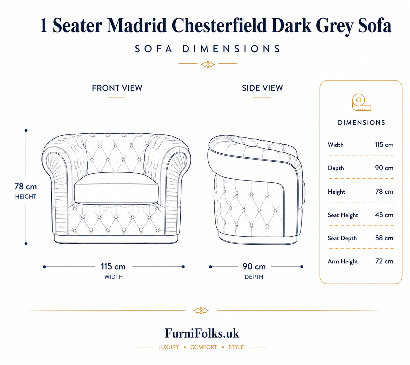 1 Seater Madrid Chesterfield Crush Velvet Dark Grey Sofa dimensions 1 Seater Madrid Chesterfield Crush Velvet Dark Grey Sofa dimensions