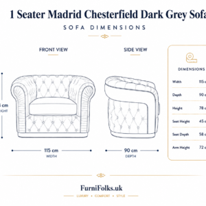 1 Seater Madrid Chesterfield Plush Velvet Dark Grey Sofa dimensions