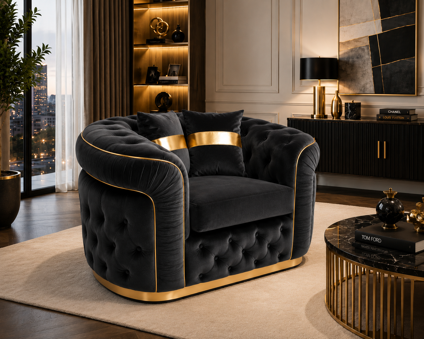 1 Seater Madrid Chesterfield Plush Velvet Dark Grey Sofa lifestyle 2 1 Seater Madrid Chesterfield Plush Velvet Dark Grey Sofa lifestyle 3