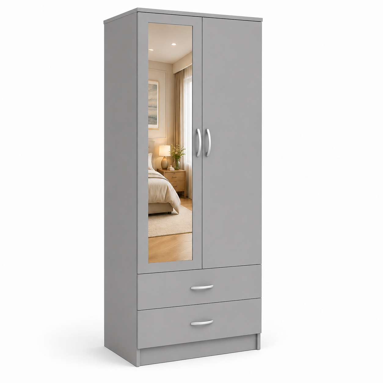 2 Door Wardrobe with 2 Drawers Gray single mirror side pose 2 Door Wardrobe with 2 Drawers Gray single mirror side pose