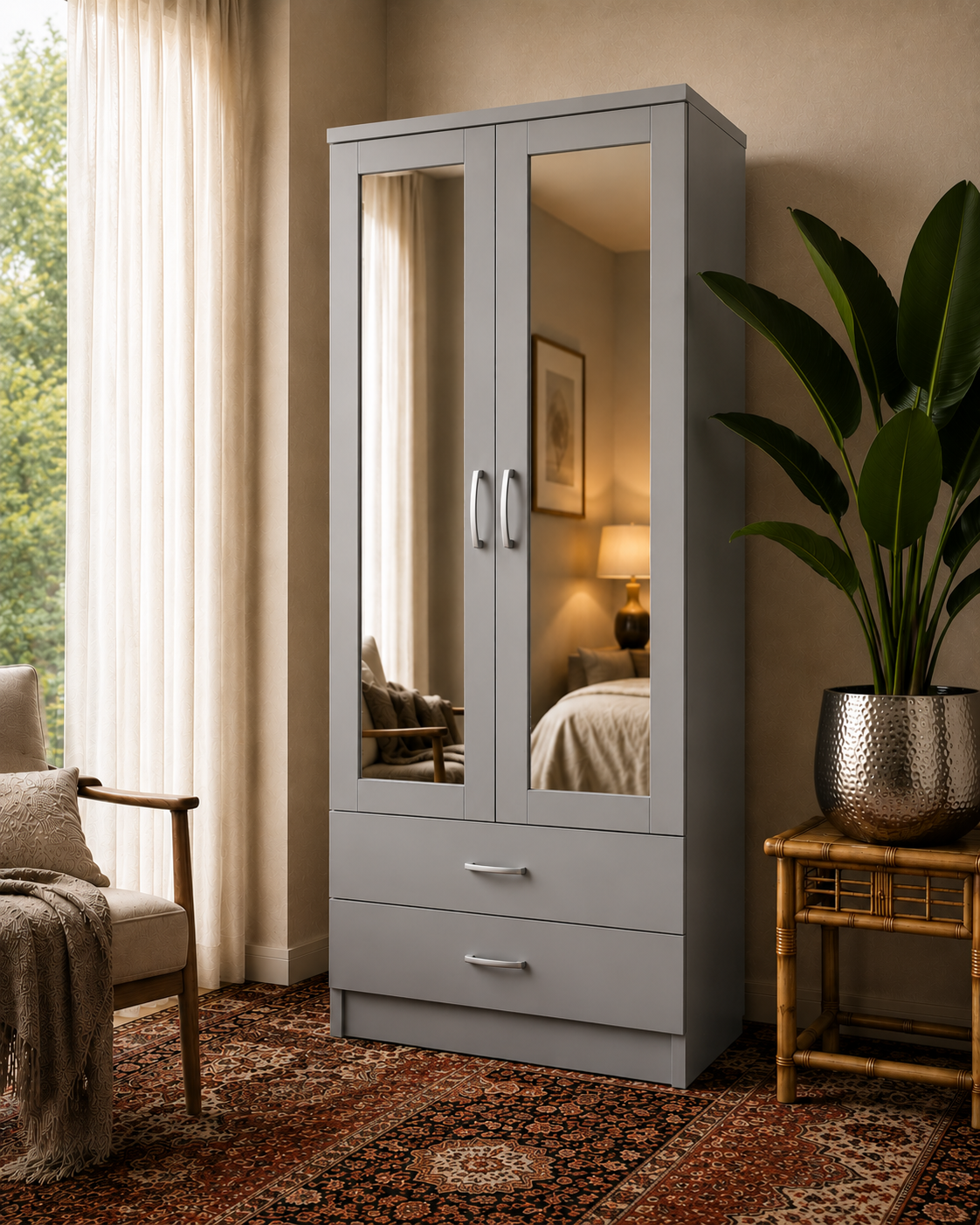 2 Door Wardrobe with 2 Drawers Gray with double mirror lifestyle