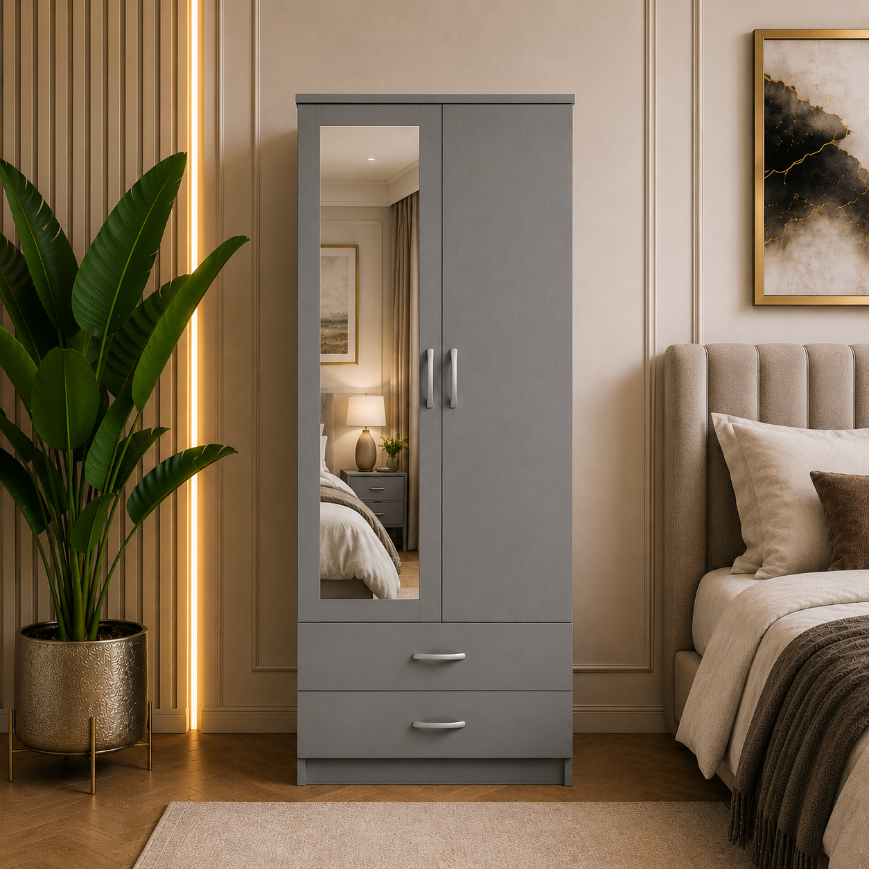 2 Door Wardrobe with 2 Drawers Gray with single mirror lifestyle 2 Door Wardrobe with 2 Drawers Gray with single mirror lifestyle