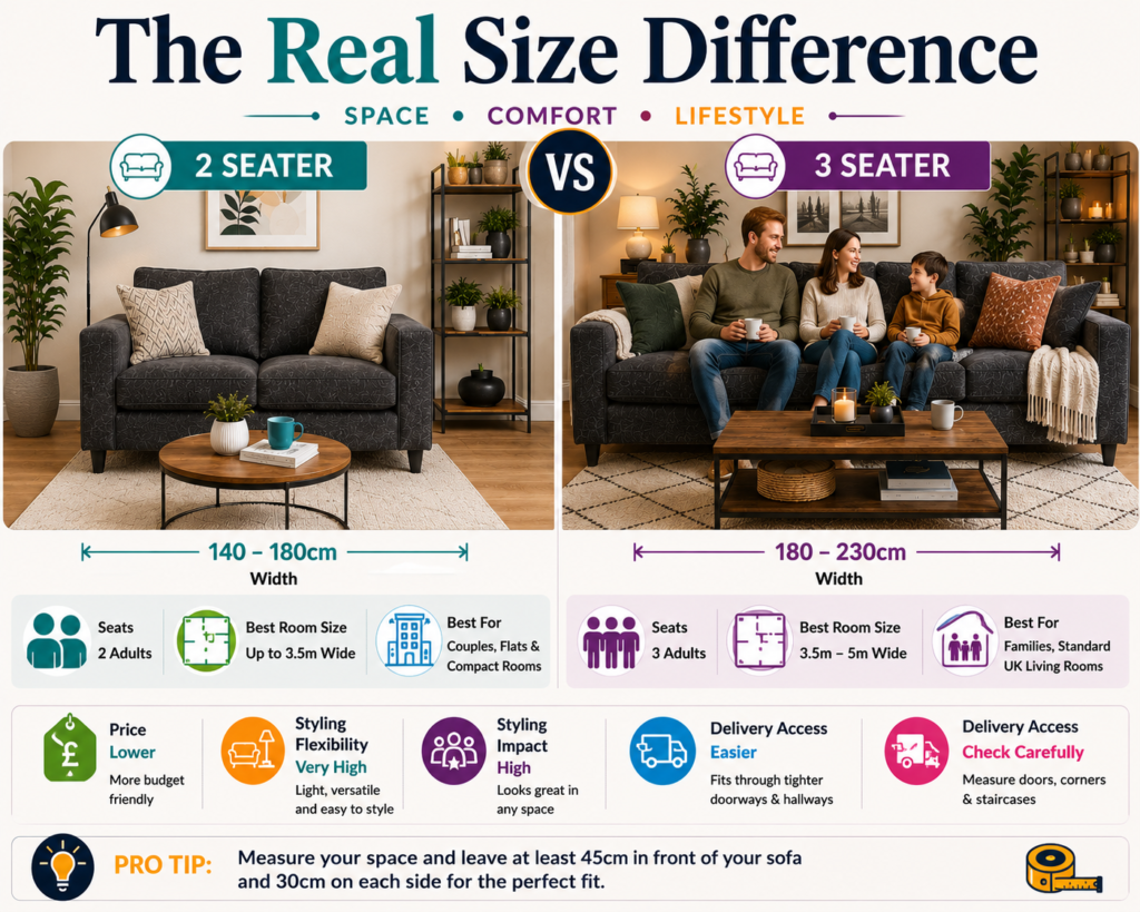 2 seater and 3 seater dark grey sofa size comparison