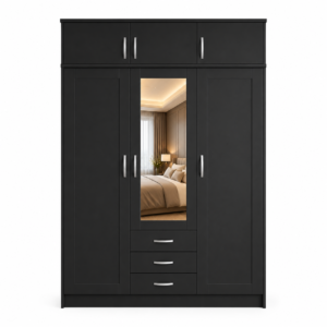 3 Door Wardrobe With Topbox Black front