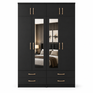 4 Door Wardrobe With Topbox Black front
