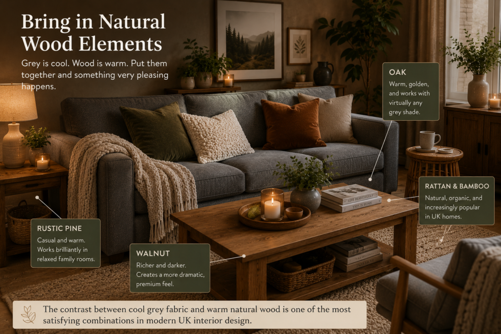 Bring in Natural Wood Elements Dark Gray sofa Decor