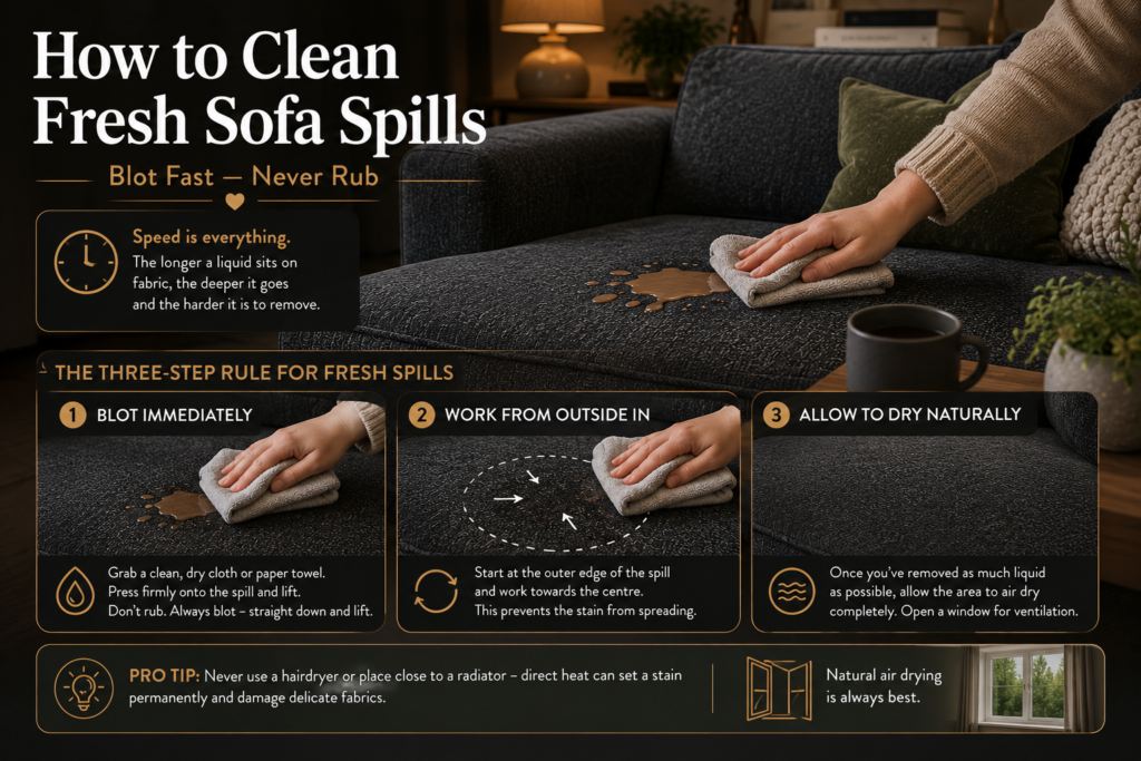Cleaning a fresh spill from a dark grey fabric sofa