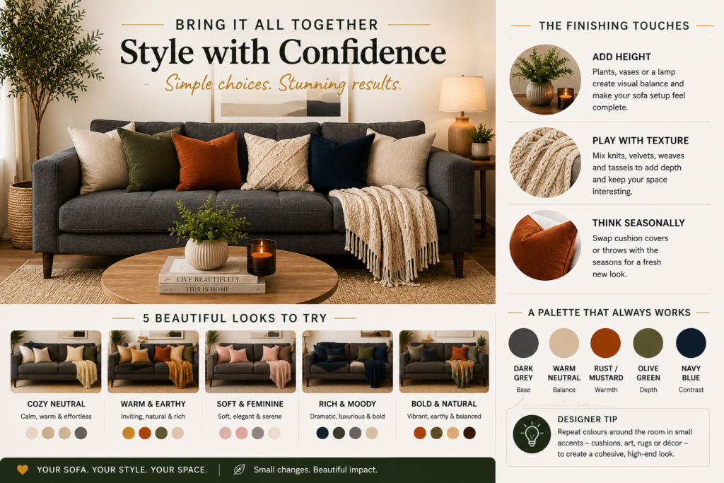 Complete styling guide for a dark grey sofa with cushions throws and cosy decor