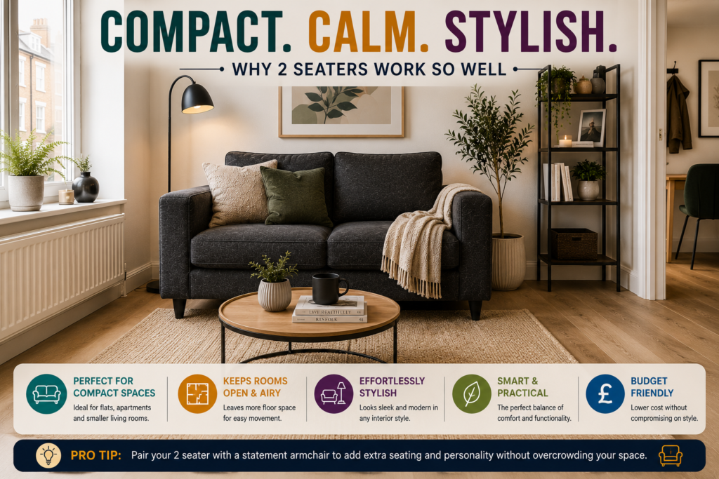 Dark grey 2 seater sofa in a compact UK living room