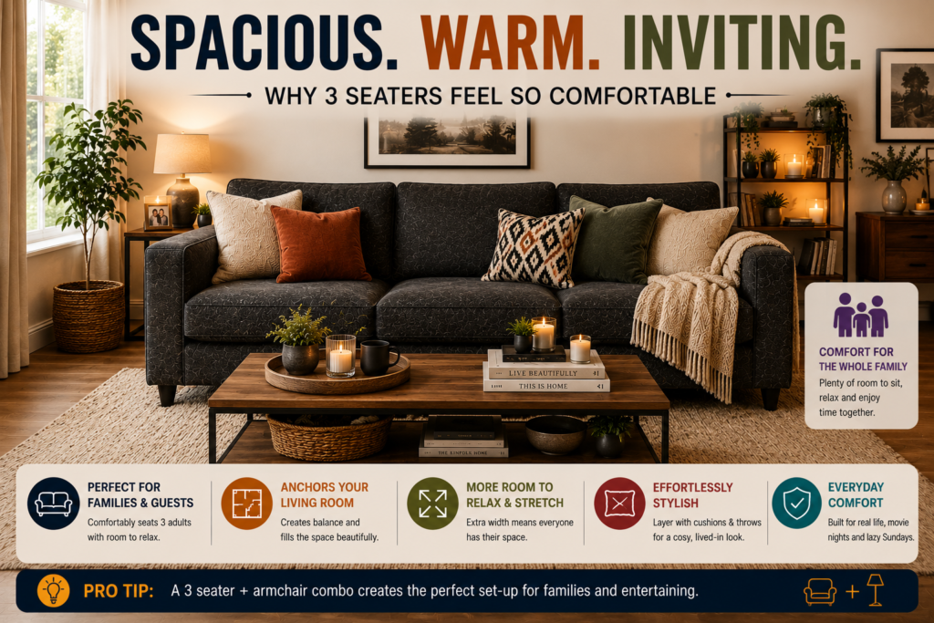 Dark grey 3 seater sofa in a warm family living room