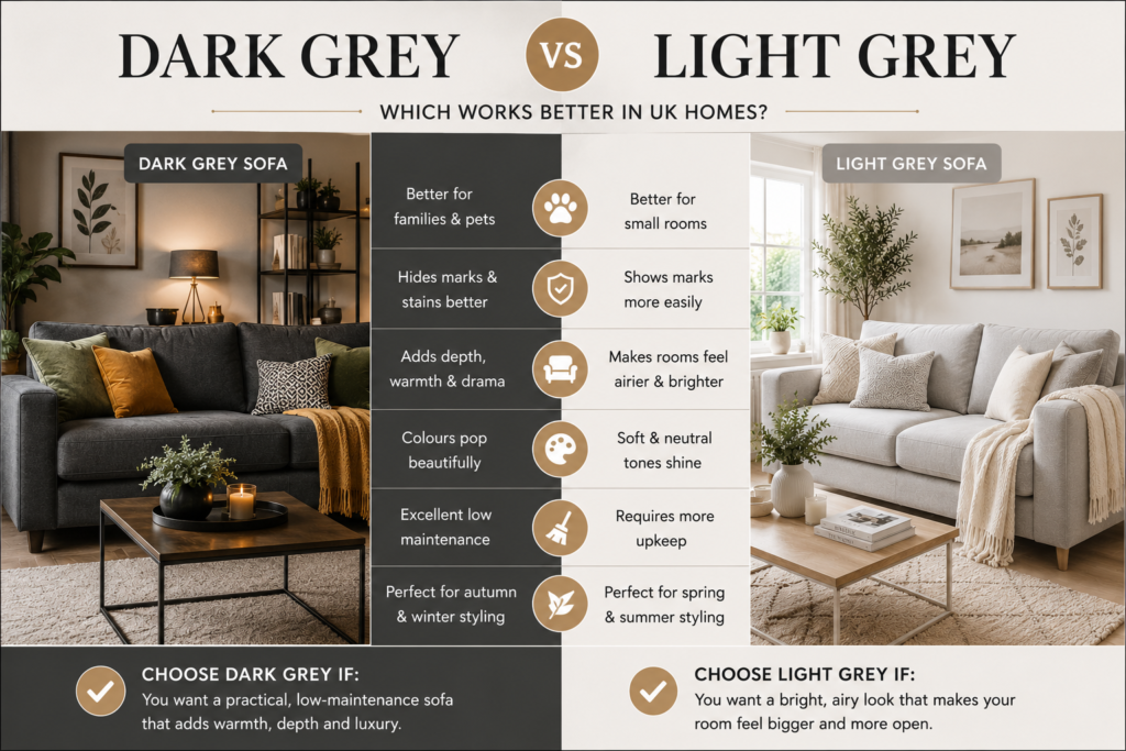 Dark grey and light grey sofa comparison for UK homes