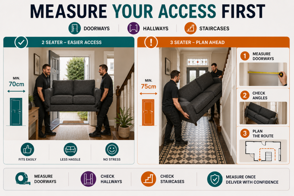 Dark grey sofa delivery and doorway access guide