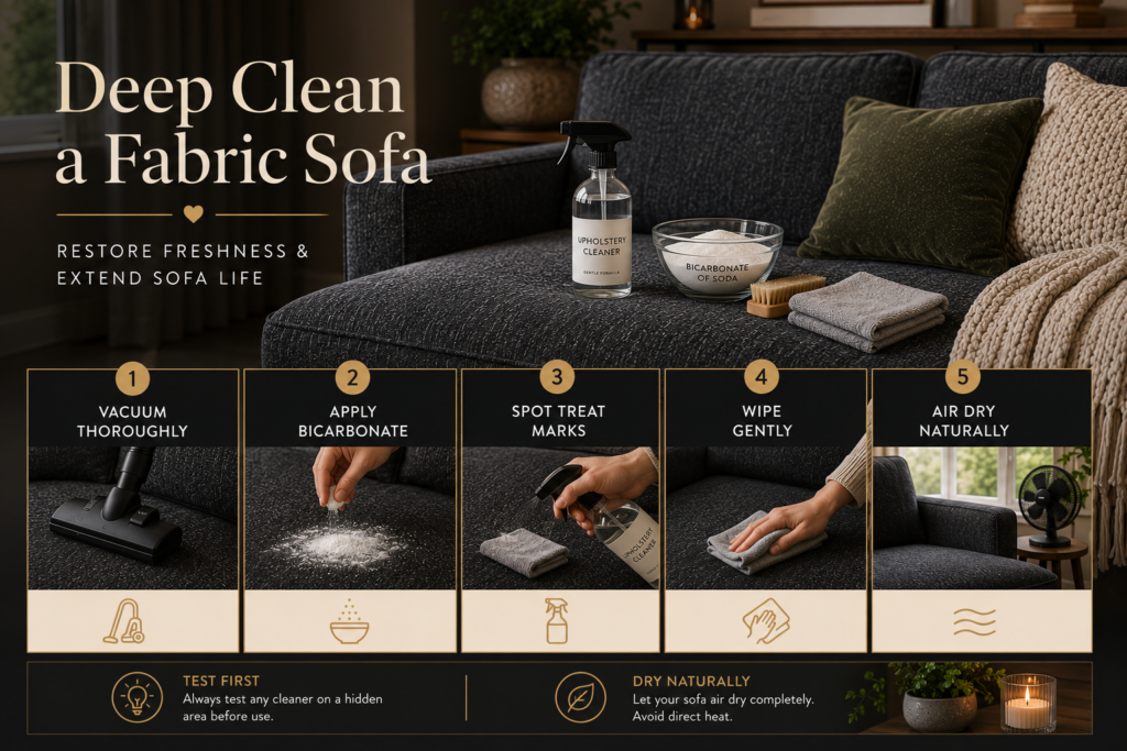 Deep cleaning a dark grey fabric sofa at home