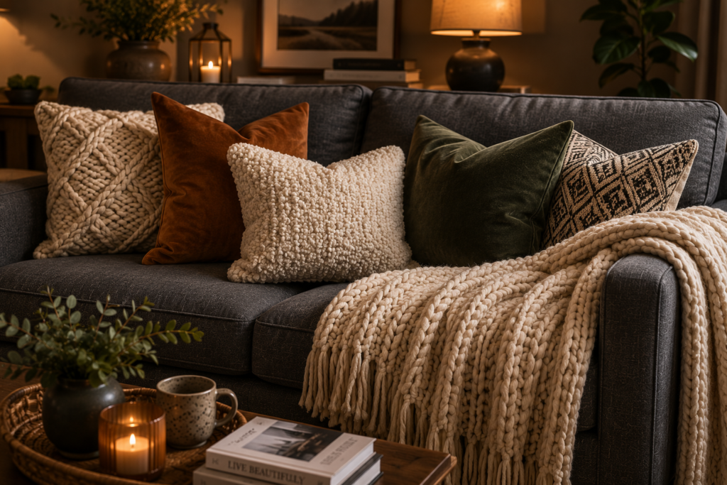 Grey sofa styled with chunky knit throw and textured cushions