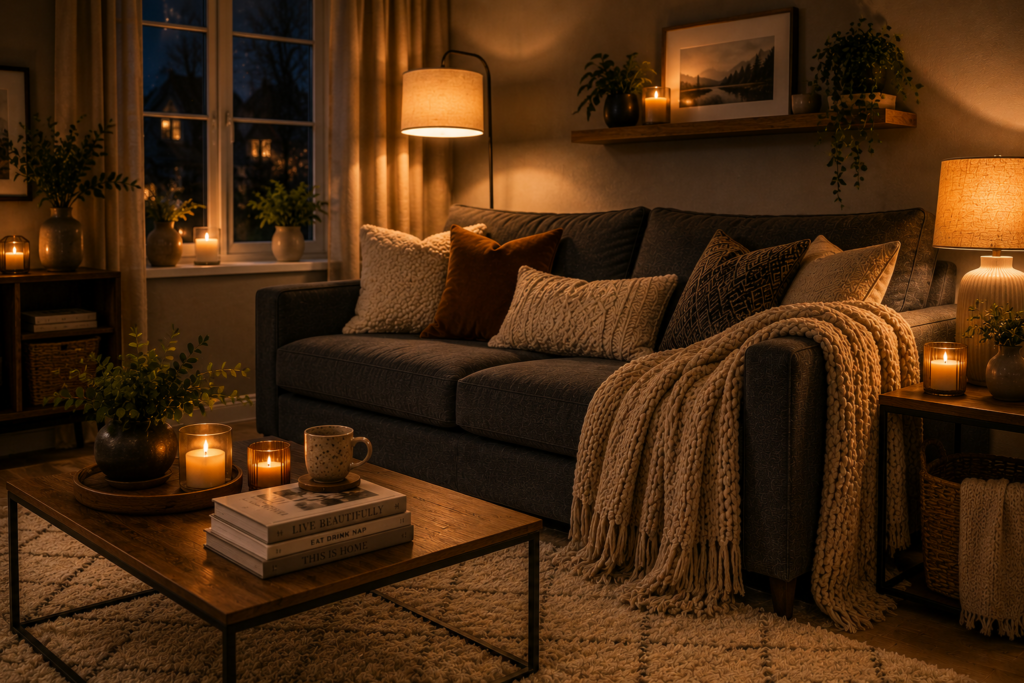 Grey sofa with warm lighting and thick rug in cosy UK home