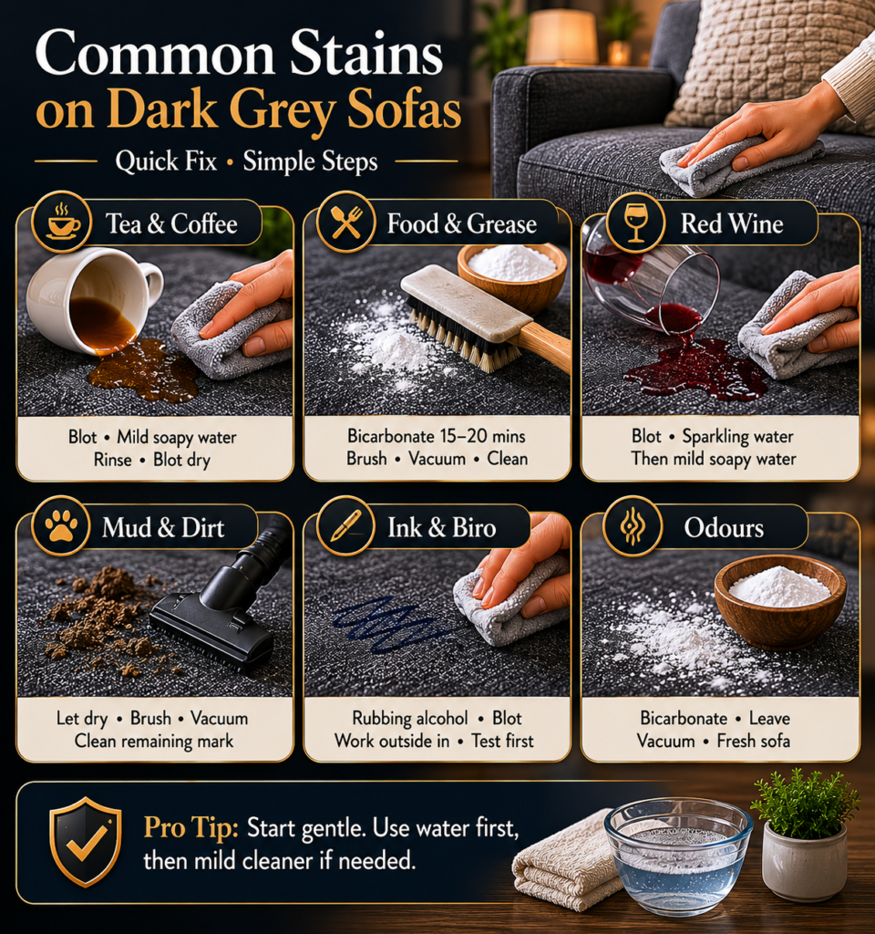 How to Remove Common Stains From a Dark Grey Fabric Sofa