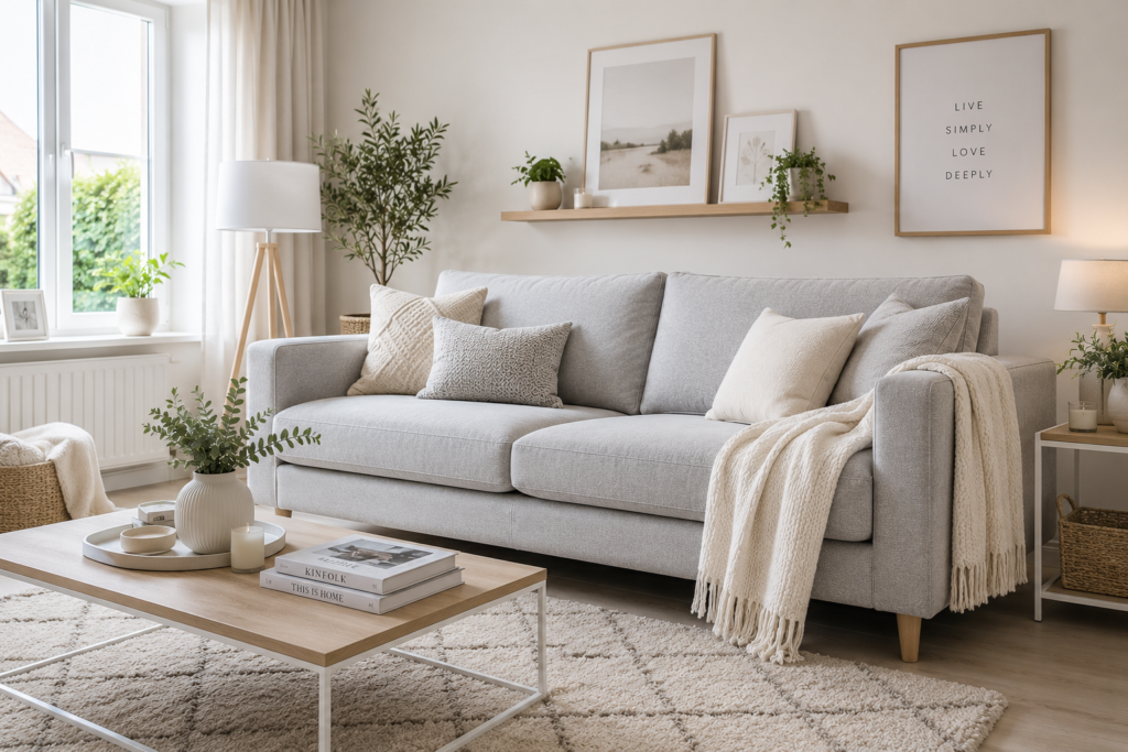 Light grey sofa in a bright Scandinavian-style UK living room