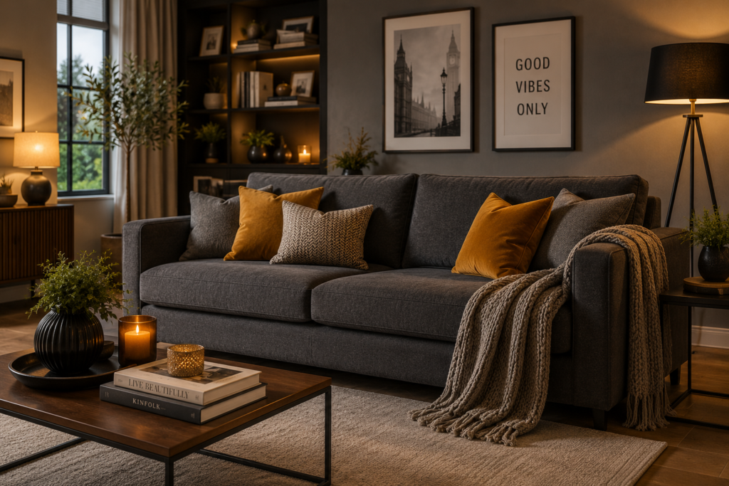Luxury dark grey sofa in a warm modern UK living room